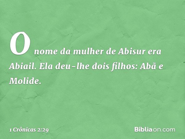 O nome da mulher de Abisur era Abiail. Ela deu-lhe dois filhos: Abã e Molide. -- 1 Crônicas 2:29