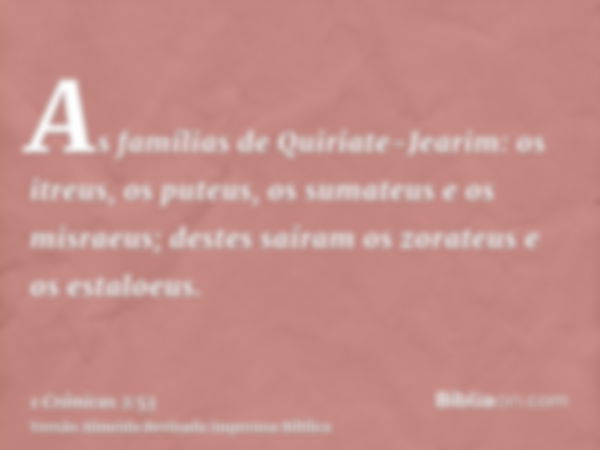 As famílias de Quiriate-Jearim: os itreus, os puteus, os sumateus e os misraeus; destes saíram os zorateus e os estaloeus.