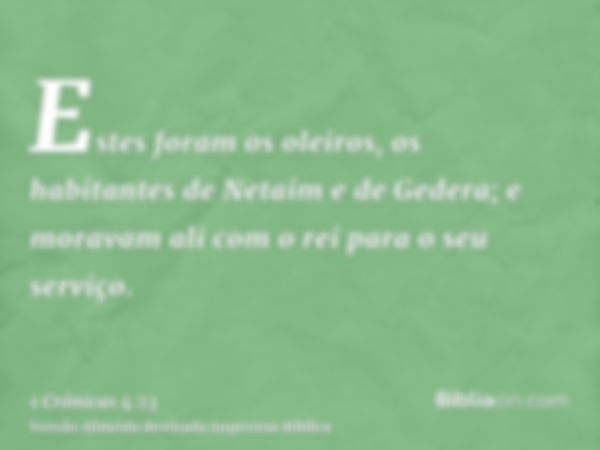 Estes foram os oleiros, os habitantes de Netaim e de Gedera; e moravam ali com o rei para o seu serviço.