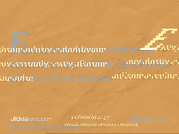 Estes foram oleiros e habitavam nas hortas e nos cerrados; estes ficaram ali com o rei na sua obra.