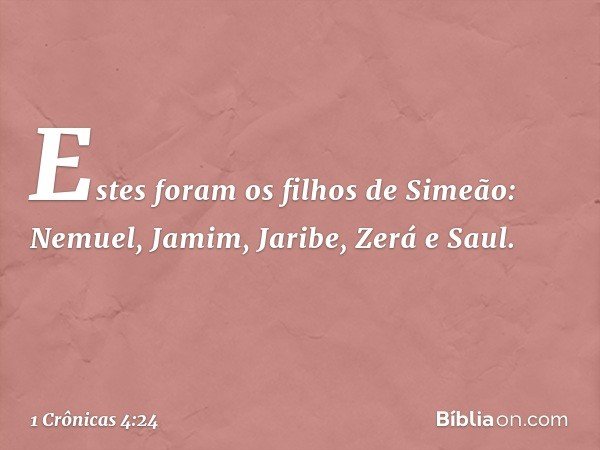 Estes foram os filhos de Simeão:
Nemuel, Jamim, Jaribe, Zerá e Saul. -- 1 Crônicas 4:24