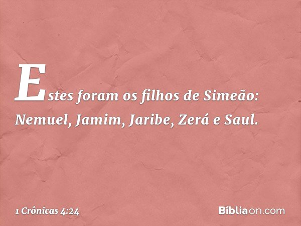 Estes foram os filhos de Simeão:
Nemuel, Jamim, Jaribe, Zerá e Saul. -- 1 Crônicas 4:24