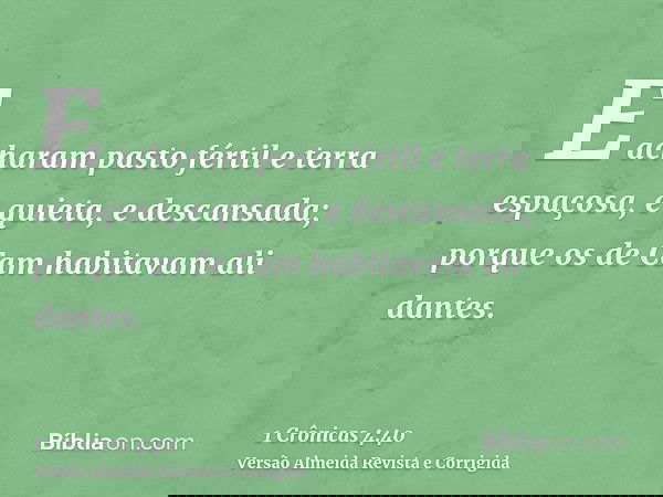 E acharam pasto fértil e terra espaçosa, e quieta, e descansada; porque os de Cam habitavam ali dantes.