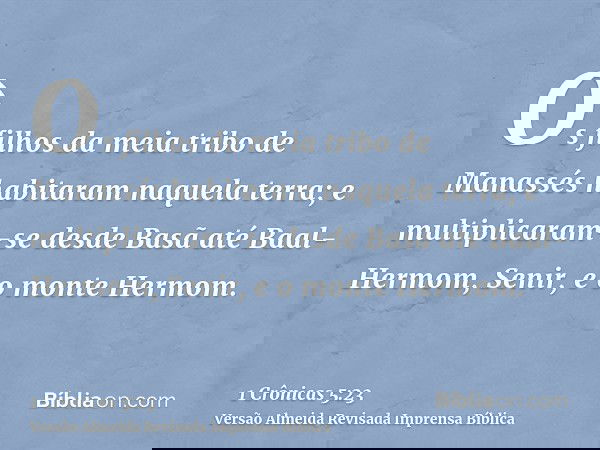 Os filhos da meia tribo de Manassés habitaram naquela terra; e multiplicaram-se desde Basã até Baal-Hermom, Senir, e o monte Hermom.