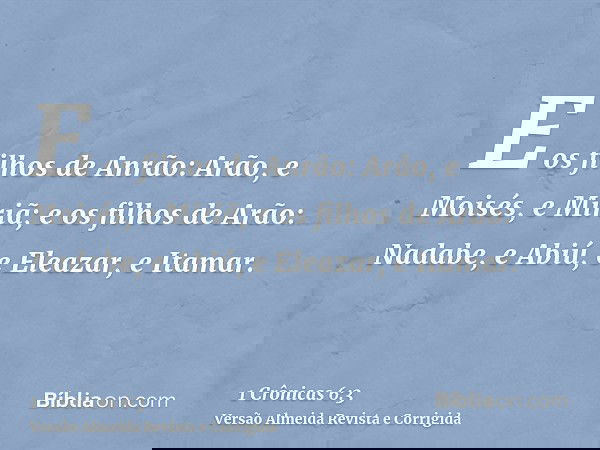E os filhos de Anrão: Arão, e Moisés, e Miriã; e os filhos de Arão: Nadabe, e Abiú, e Eleazar, e Itamar.