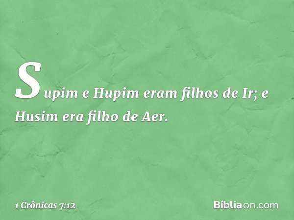 Supim e Hupim eram filhos de Ir; e Husim era filho de Aer. -- 1 Crônicas 7:12
