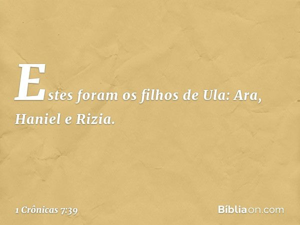 Estes foram os filhos de Ula:
Ara, Haniel e Rizia. -- 1 Crônicas 7:39