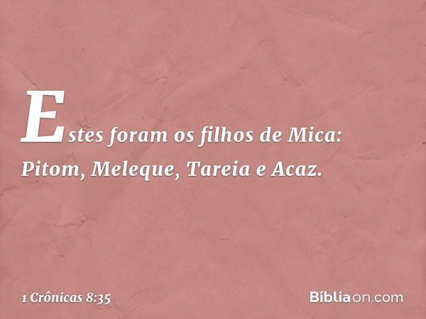 Estes foram os filhos de Mica:
Pitom, Meleque, Tareia e Acaz. -- 1 Crônicas 8:35