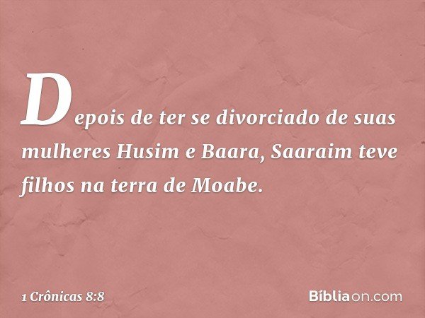 Depois de ter se divorciado de suas mulheres Husim e Baara, Saaraim teve filhos na terra de Moabe. -- 1 Crônicas 8:8