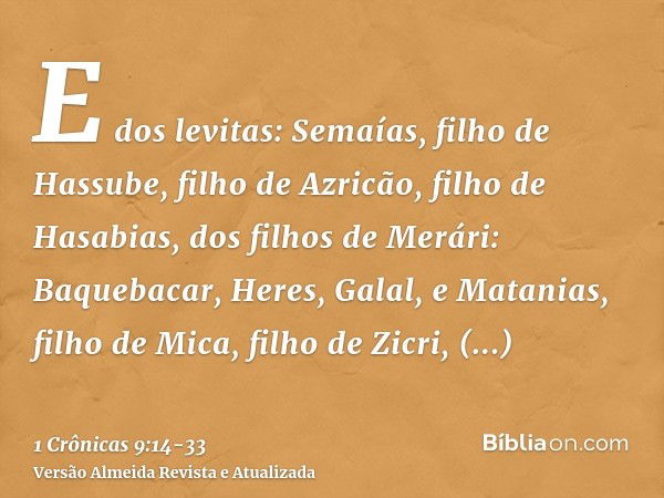 E dos levitas: Semaías, filho de Hassube, filho de Azricão, filho de Hasabias, dos filhos de Merári:Baquebacar, Heres, Galal, e Matanias, filho de Mica, filho d