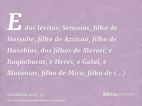 E dos levitas: Semaías, filho de Hassube, filho de Azricão, filho de Hasabias, dos filhos de Merari;e Baquebacar, e Heres, e Galal, e Matanias, filho de Mica, f