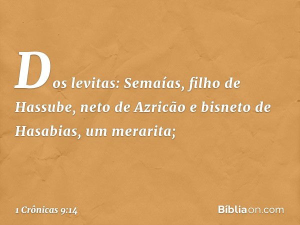 Dos levitas:
Semaías, filho de Hassube, neto de Azricão e bisneto de Hasabias, um merarita; -- 1 Crônicas 9:14