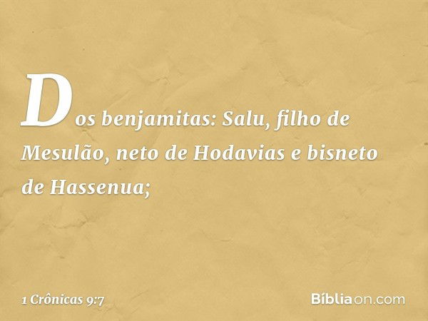 Dos benjamitas:
Salu, filho de Mesulão, neto de Hodavias e bisneto de Hassenua; -- 1 Crônicas 9:7