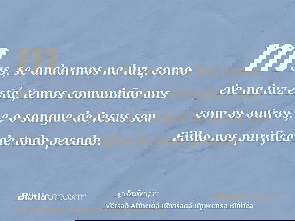 mas, se andarmos na luz, como ele na luz está, temos comunhão uns com os outros, e o sangue de Jesus seu Filho nos purifica de todo pecado.