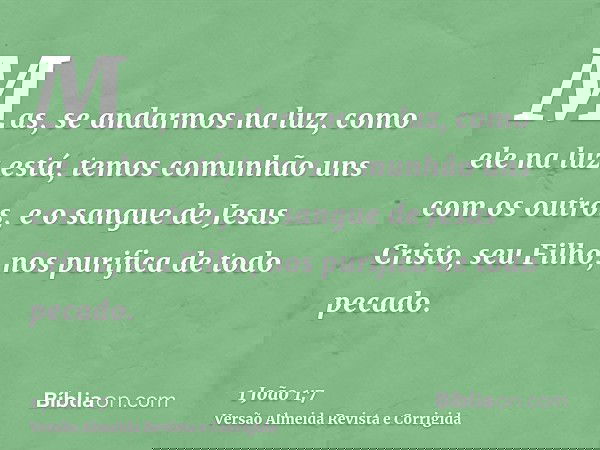 Mas, se andarmos na luz, como ele na luz está, temos comunhão uns com os outros, e o sangue de Jesus Cristo, seu Filho, nos purifica de todo pecado.