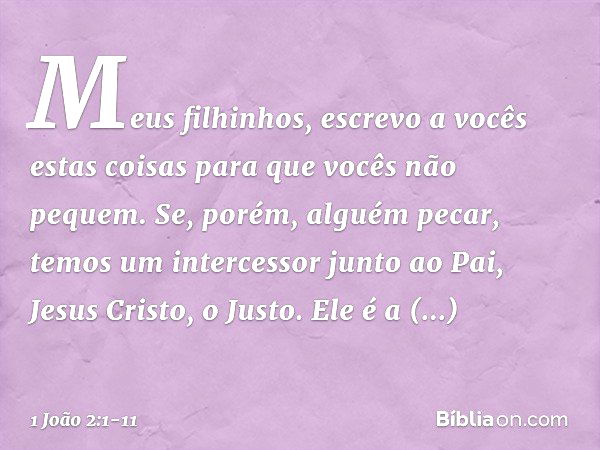 Meus filhinhos, escrevo a vocês estas coisas para que vocês não pequem. Se, porém, alguém pecar, temos um intercessor junto ao Pai, Jesus Cristo, o Justo. Ele é