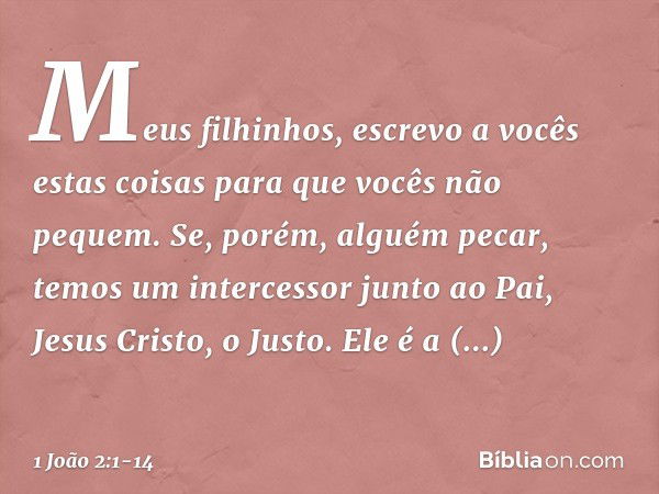 Meus filhinhos, escrevo a vocês estas coisas para que vocês não pequem. Se, porém, alguém pecar, temos um intercessor junto ao Pai, Jesus Cristo, o Justo. Ele é