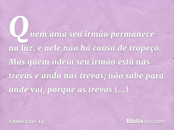 Quem ama seu irmão permanece na luz, e nele não há causa de tropeço. Mas quem odeia seu irmão está nas trevas e anda nas trevas; não sabe para onde vai, porque 