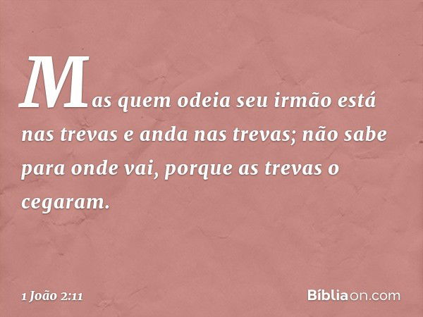 Mas quem odeia seu irmão está nas trevas e anda nas trevas; não sabe para onde vai, porque as trevas o cegaram. -- 1 João 2:11