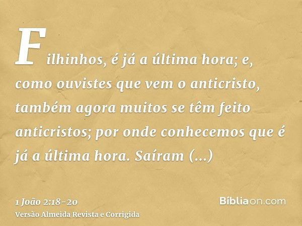 Filhinhos, é já a última hora; e, como ouvistes que vem o anticristo, também agora muitos se têm feito anticristos; por onde conhecemos que é já a última hora.S