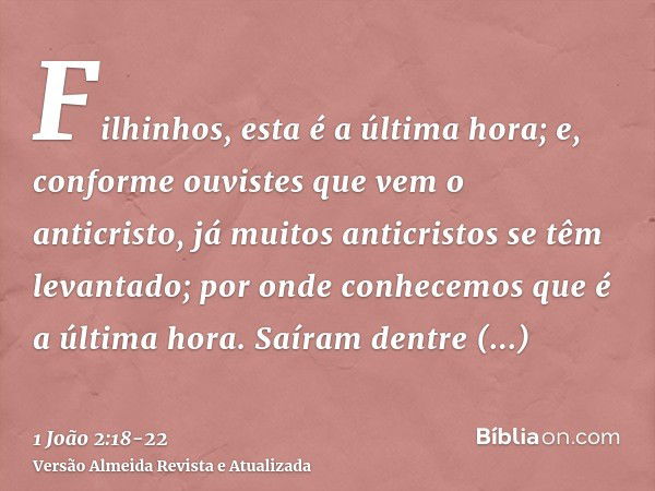 Filhinhos, esta é a última hora; e, conforme ouvistes que vem o anticristo, já muitos anticristos se têm levantado; por onde conhecemos que é a última hora.Saír