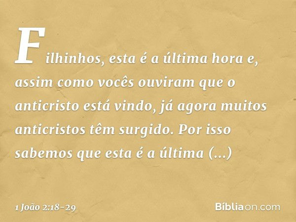 Filhinhos, esta é a última hora e, assim como vocês ouviram que o anticristo está vindo, já agora muitos anticristos têm surgido. Por isso sabemos que esta é a 