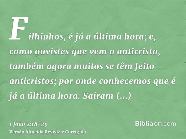 Filhinhos, é já a última hora; e, como ouvistes que vem o anticristo, também agora muitos se têm feito anticristos; por onde conhecemos que é já a última hora.S