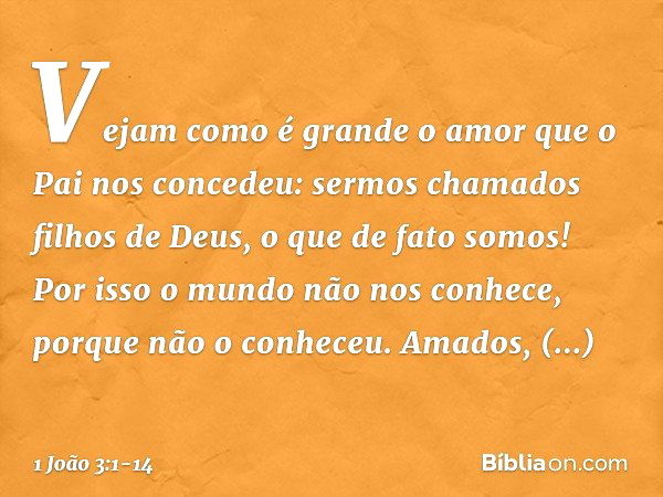 Vejam como é grande o amor que o Pai nos concedeu: sermos chamados filhos de Deus, o que de fato somos! Por isso o mundo não nos conhece, porque não o conheceu.