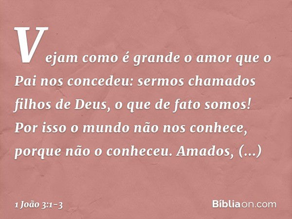 Vejam como é grande o amor que o Pai nos concedeu: sermos chamados filhos de Deus, o que de fato somos! Por isso o mundo não nos conhece, porque não o conheceu.