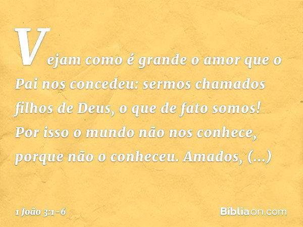 Vejam como é grande o amor que o Pai nos concedeu: sermos chamados filhos de Deus, o que de fato somos! Por isso o mundo não nos conhece, porque não o conheceu.