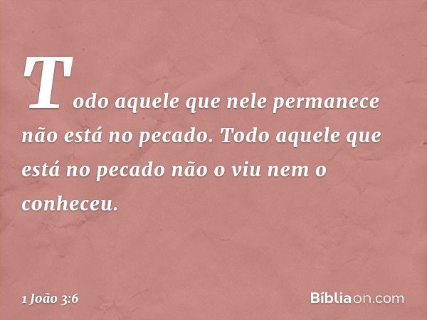 Todo aquele que nele permanece não está no pecado. Todo aquele que está no pecado não o viu nem o conheceu. -- 1 João 3:6