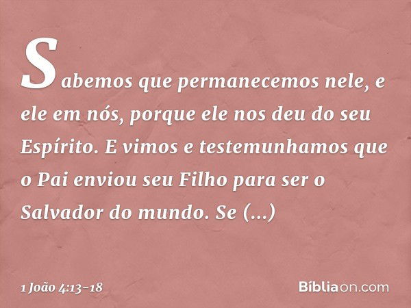 Sabemos que permanecemos nele, e ele em nós, porque ele nos deu do seu Espírito. E vimos e testemunhamos que o Pai enviou seu Filho para ser o Salvador do mundo