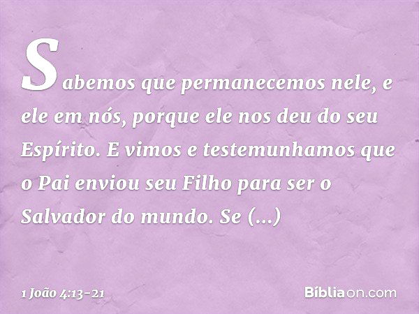 Sabemos que permanecemos nele, e ele em nós, porque ele nos deu do seu Espírito. E vimos e testemunhamos que o Pai enviou seu Filho para ser o Salvador do mundo