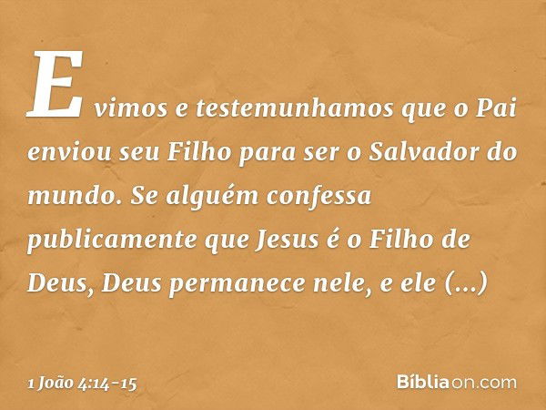 E vimos e testemunhamos que o Pai enviou seu Filho para ser o Salvador do mundo. Se alguém confessa publicamente que Jesus é o Filho de Deus, Deus permanece nel