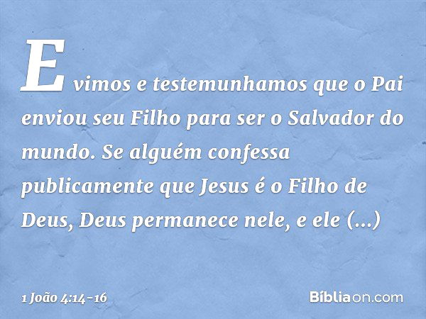 E vimos e testemunhamos que o Pai enviou seu Filho para ser o Salvador do mundo. Se alguém confessa publicamente que Jesus é o Filho de Deus, Deus permanece nel