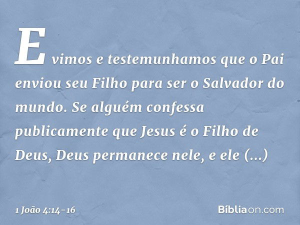 E vimos e testemunhamos que o Pai enviou seu Filho para ser o Salvador do mundo. Se alguém confessa publicamente que Jesus é o Filho de Deus, Deus permanece nel