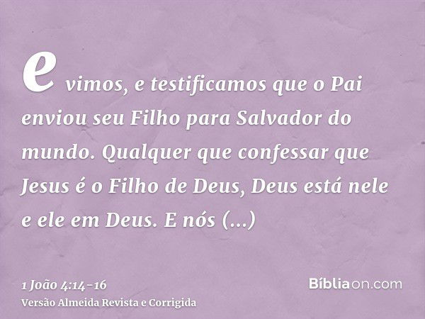 e vimos, e testificamos que o Pai enviou seu Filho para Salvador do mundo.Qualquer que confessar que Jesus é o Filho de Deus, Deus está nele e ele em Deus.E nós