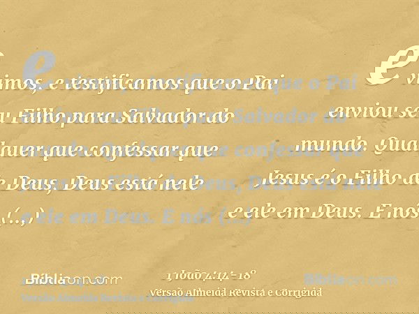 e vimos, e testificamos que o Pai enviou seu Filho para Salvador do mundo.Qualquer que confessar que Jesus é o Filho de Deus, Deus está nele e ele em Deus.E nós