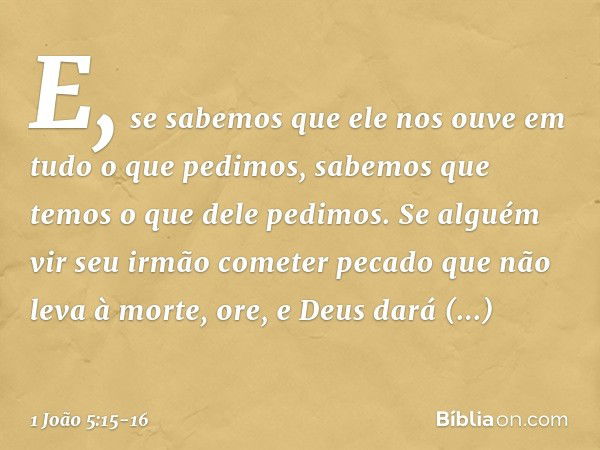 E, se sabemos que ele nos ouve em tudo o que pedimos, sabemos que temos o que dele pedimos. Se alguém vir seu irmão cometer pecado que não leva à morte, ore, e 