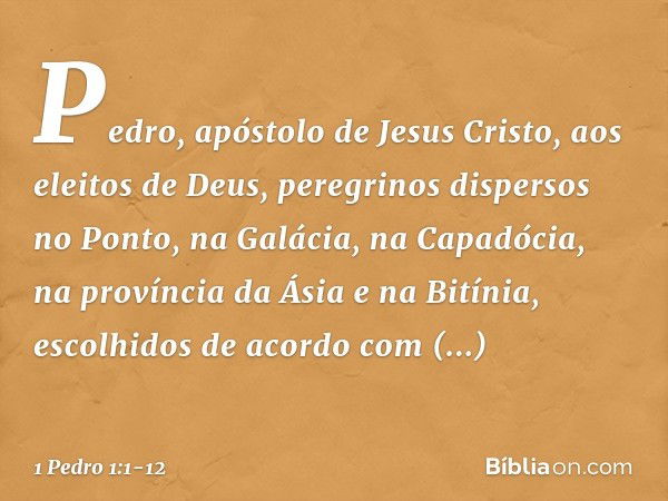 Pedro, apóstolo de Jesus Cristo,
aos eleitos de Deus, peregrinos dispersos no Ponto, na Galácia, na Capadócia, na província da Ásia e na Bitínia, escolhidos de 