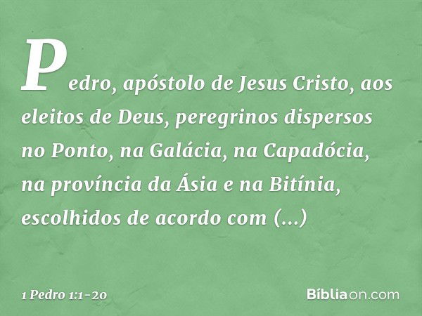 Pedro, apóstolo de Jesus Cristo,
aos eleitos de Deus, peregrinos dispersos no Ponto, na Galácia, na Capadócia, na província da Ásia e na Bitínia, escolhidos de 