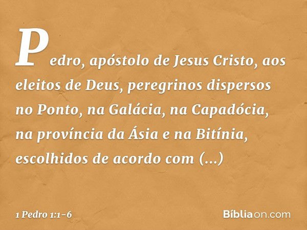 Pedro, apóstolo de Jesus Cristo,
aos eleitos de Deus, peregrinos dispersos no Ponto, na Galácia, na Capadócia, na província da Ásia e na Bitínia, escolhidos de 