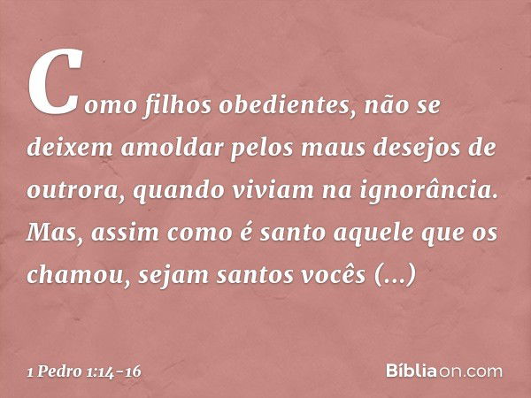 Como filhos obedientes, não se deixem amoldar pelos maus desejos de outrora, quando viviam na ignorância. Mas, assim como é santo aquele que os chamou, sejam sa