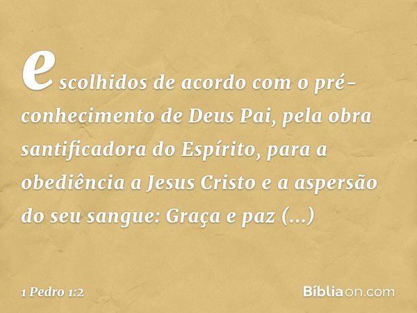 escolhidos de acordo com o pré-conhecimento de Deus Pai, pela obra santificadora do Espírito, para a obediência a Jesus Cristo e a aspersão do seu sangue:
Graça