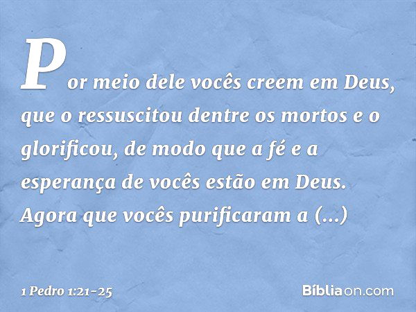 Por meio dele vocês creem em Deus, que o ressuscitou dentre os mortos e o glorificou, de modo que a fé e a esperança de vocês estão em Deus. Agora que vocês pur