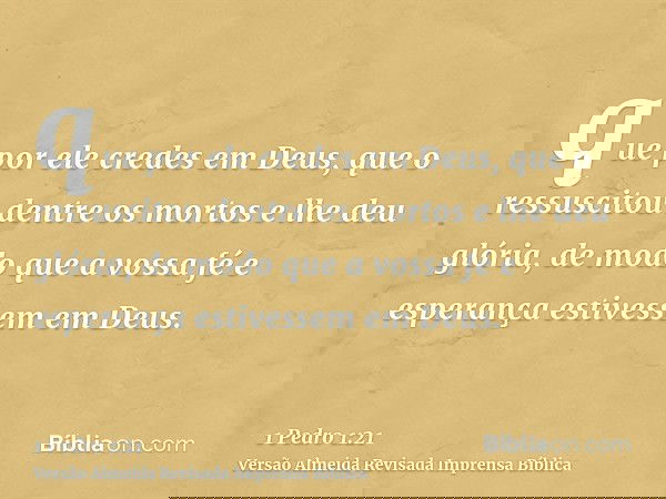 que por ele credes em Deus, que o ressuscitou dentre os mortos e lhe deu glória, de modo que a vossa fé e esperança estivessem em Deus.