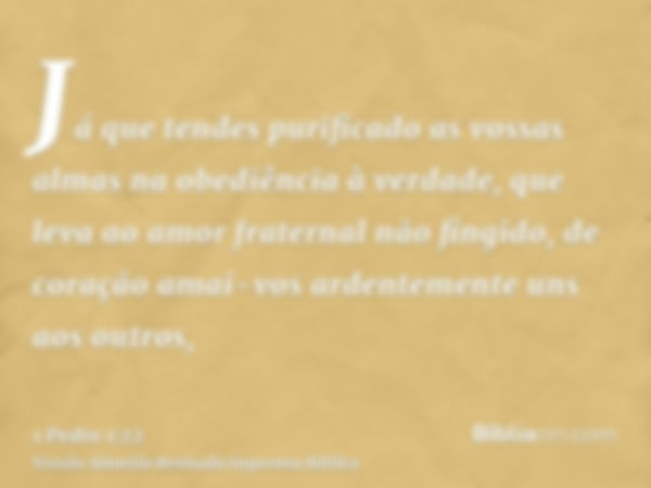 Já que tendes purificado as vossas almas na obediência à verdade, que leva ao amor fraternal não fingido, de coração amai-vos ardentemente uns aos outros,