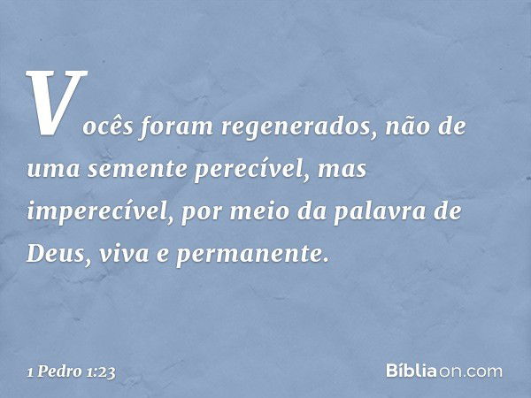 Vocês foram regenerados, não de uma semente perecível, mas imperecível, por meio da palavra de Deus, viva e permanente. -- 1 Pedro 1:23