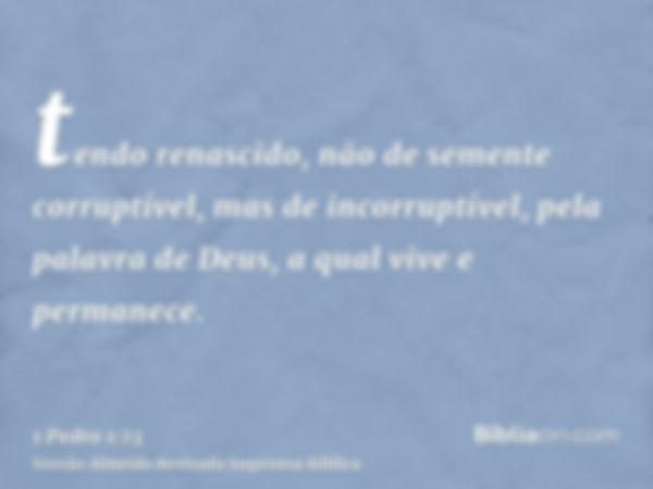 tendo renascido, não de semente corruptível, mas de incorruptível, pela palavra de Deus, a qual vive e permanece.