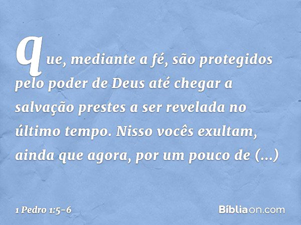 que, mediante a fé, são protegidos pelo poder de Deus até chegar a salvação prestes a ser revelada no último tempo. Nisso vocês exultam, ainda que agora, por um